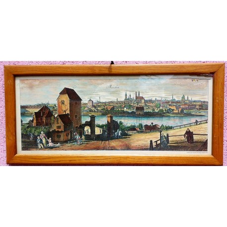 Német nagyvárosok látképei 16.-18. századi színes rézkarcokon, 9db. üvegezett, keretezett kép