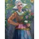 Hölgy csokorral biedermeier stílusú keretezett antik festmény Nyíry Tamás szignóval.