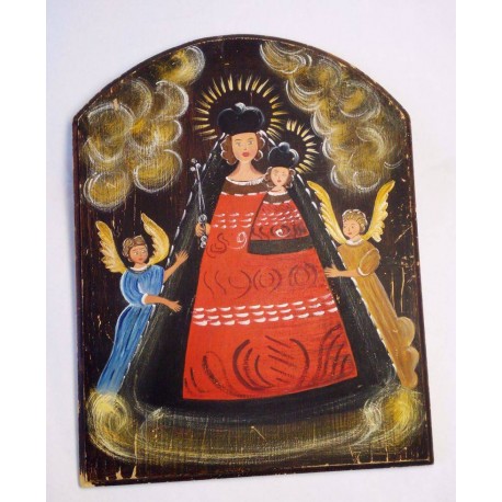 Szűzanya a kis Jézussal, és angyalokkal modern újraértelmezésben. Deszkára festett kép.