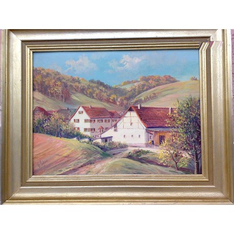 Balzenbach vidéki tájkép Falusi házakkal, Fr. Sihier Német festő munkája 1959-ből, Karton-Tempera.