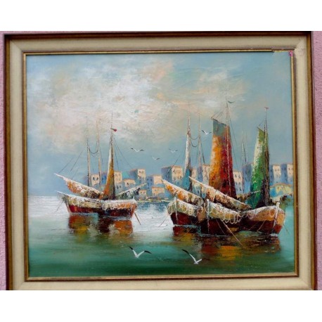 Mediterrán kikötő halász vitorlásokkal, és sirályokkal, keretezett impresszionista festmény