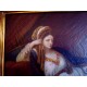 Kedvese miniatűr portréját nézegető hölgy. Barokk stílusú festmény külföldi szignóval.