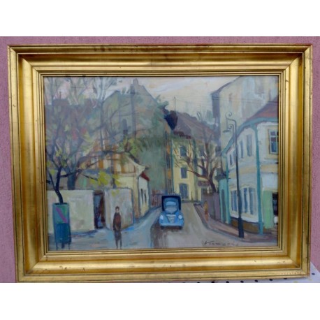 Pécsi utca, KAMARÁS KLÁRA kortárs festőművész alkotása keretezve, Impresszionista műtárgy.