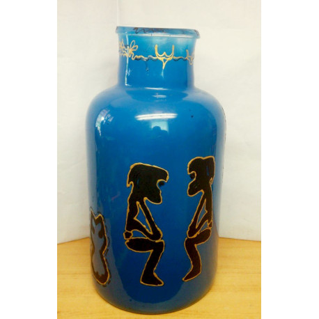 Törzsi motívumokkal díszített Afrikai kézműves fúvott színezett üveg váza. Egyedi ritkaság.