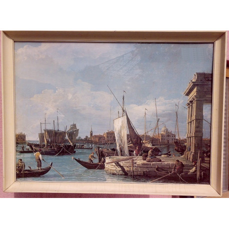 Canaletto: La Punta Della Dogana című festményének nyomata üvegezett keretben.