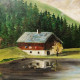 Tiroli tájkép erdei tóval, és házikóval, szignált festmény Ausztriából.