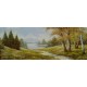 Realista fekvő tájkép havasi tóra nyíló erdőrészlettel, keretezett olaj-karton festmény szignóval