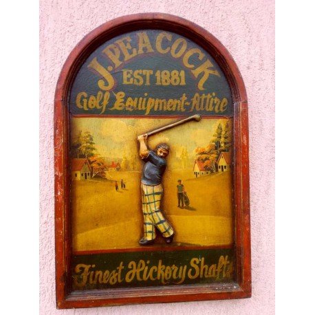 Antik festett reklámtábla domborműves faragvánnyal, J. Peacock Golf Equipment 1881, keretezve.