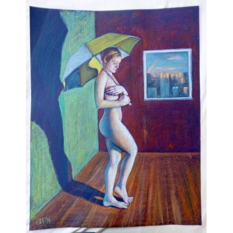 Pucér hölgy napernyővel, Modern festmény. Kagyerják Attila Tamás alkotása.