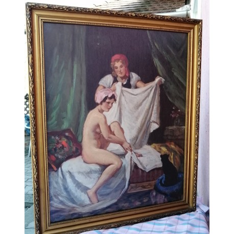 Fürdés után. Nagy méretű festmény Mihalovics szignóval.