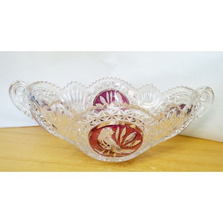 Énekes madaras kristály gyümölcstál, Hofbauer Crystal Co. Bajorország 1950-es évek.