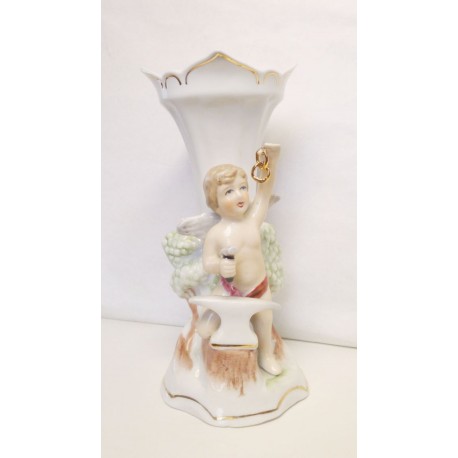 Váza aranykovács angyalkával. Barokk stílusú figurális porcelán tökéletes állapotban.