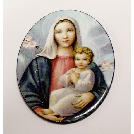 Retro tűzzománc medál Szűzanya a kisdeddel cseresznyevirágos háttérrel.