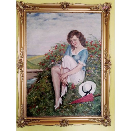 Mezei virágok között pihenő ifjú hölgy, antik olaj-vászon festmény, Illencz Lipót alkotása