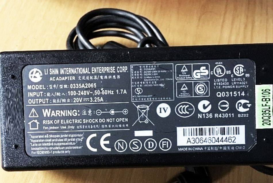 Li Shin 0335C2065, LSE9901A2070 laptop töltő adapter - 65W (20V 3.25A)